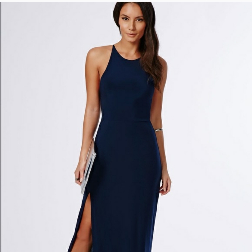 MISSGUIDED navy maxi side slit dress Low  back